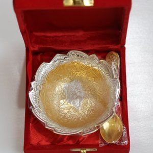 NWT Metal carved Bowl & Spoon in Gold & Silver